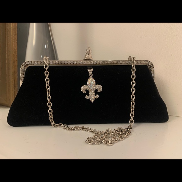 NEW Black velvet clutch with rhinestone detail